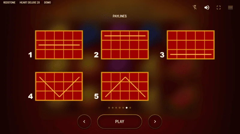 Heart Deluxe 2x - piecu laimējošo līniju shematiskais attēlojums no kreisās puses uz labo